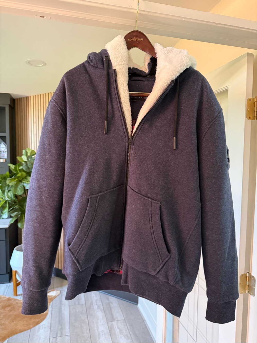 Moose Knuckles Heather Navy Blue Sherpa-Lined Zip Hoodie